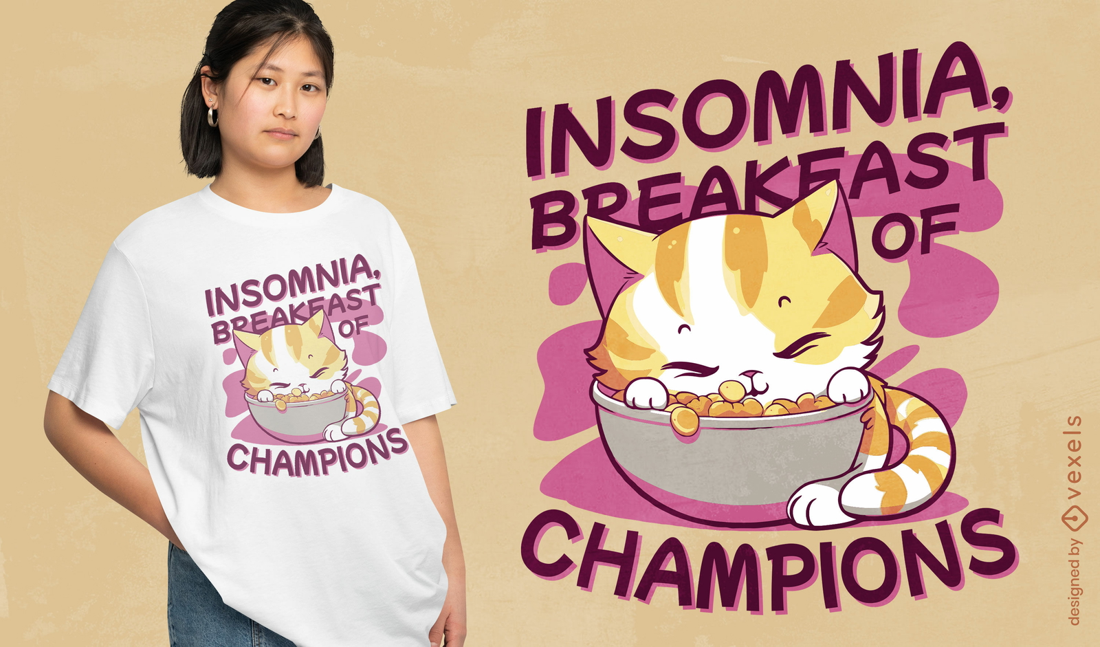 Gato durmiendo en diseño de camiseta de cereal.