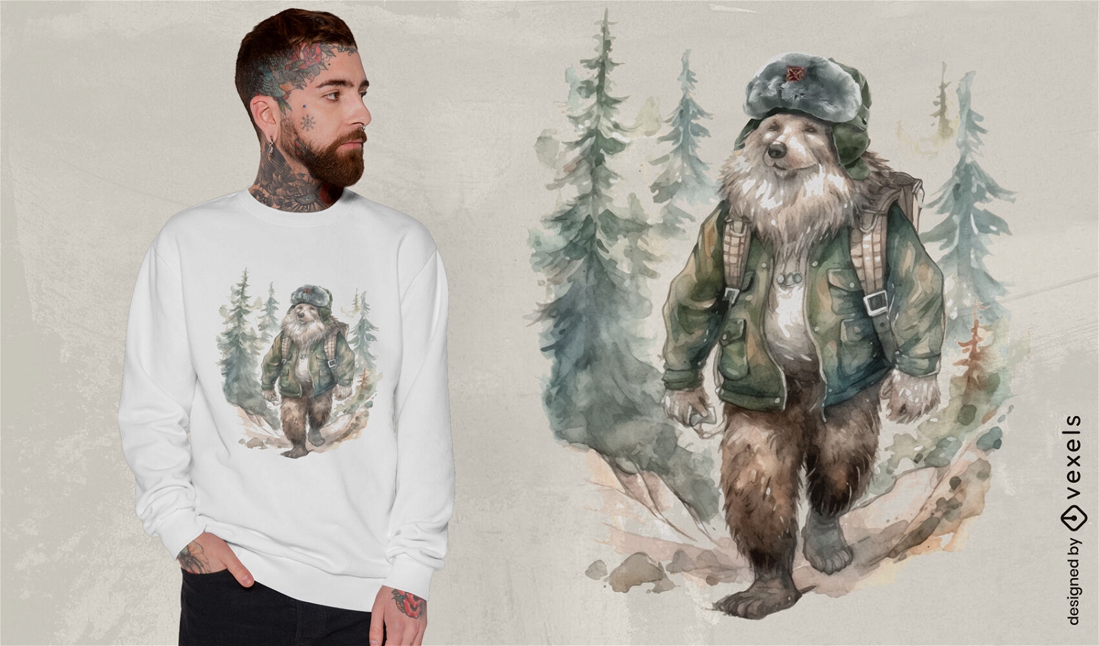 Urso andando no design de camiseta em aquarela da floresta