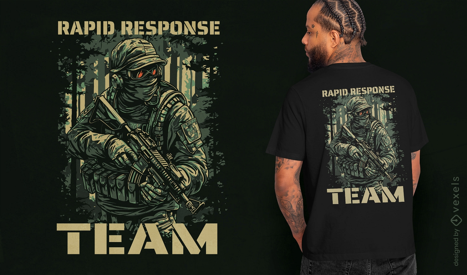 Diseño de camiseta de soldado del equipo de respuesta rápida.