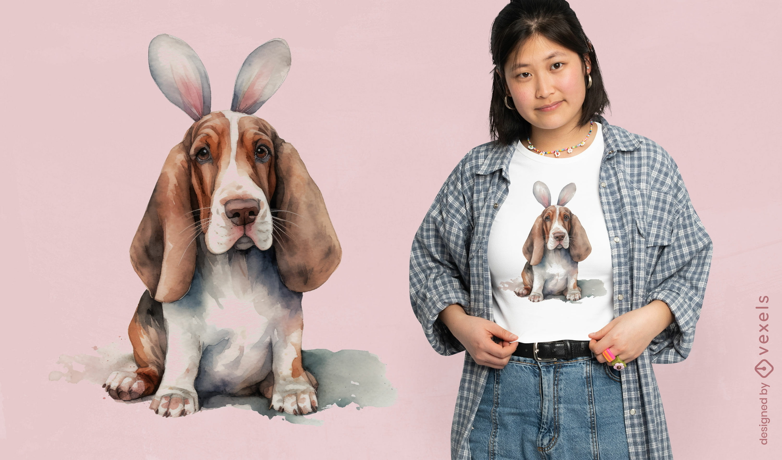 Diseño de camiseta Easter Basset Hound con orejas de conejo.