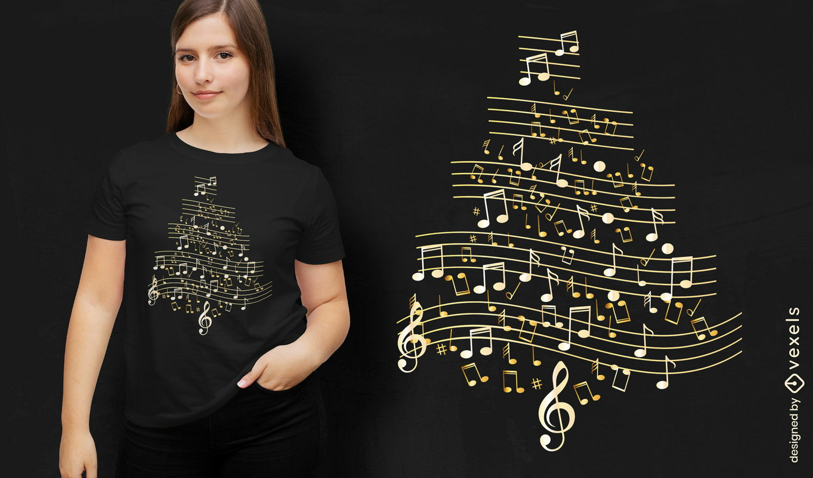 Design de camiseta de ?rvore de natal de notas musicais