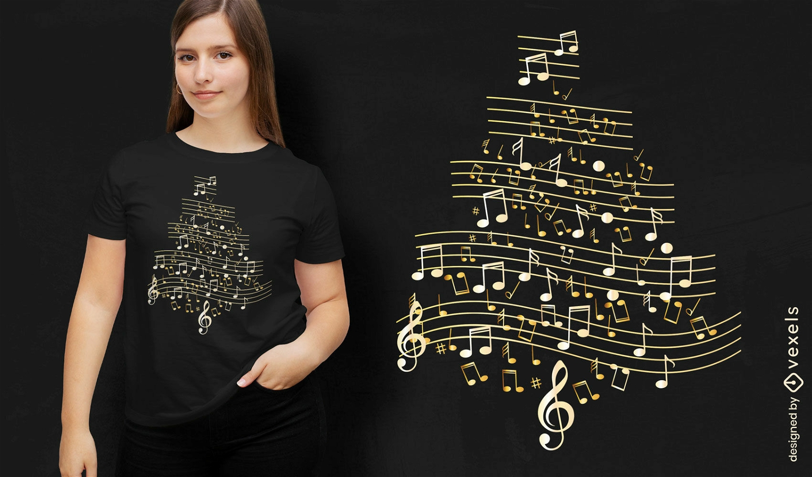Diseño de camiseta de árbol de navidad de notas musicales