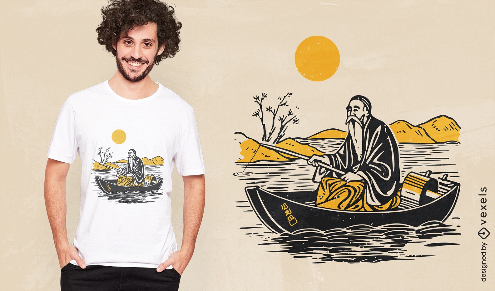 Diseño de camiseta japonesa hombre en un barco