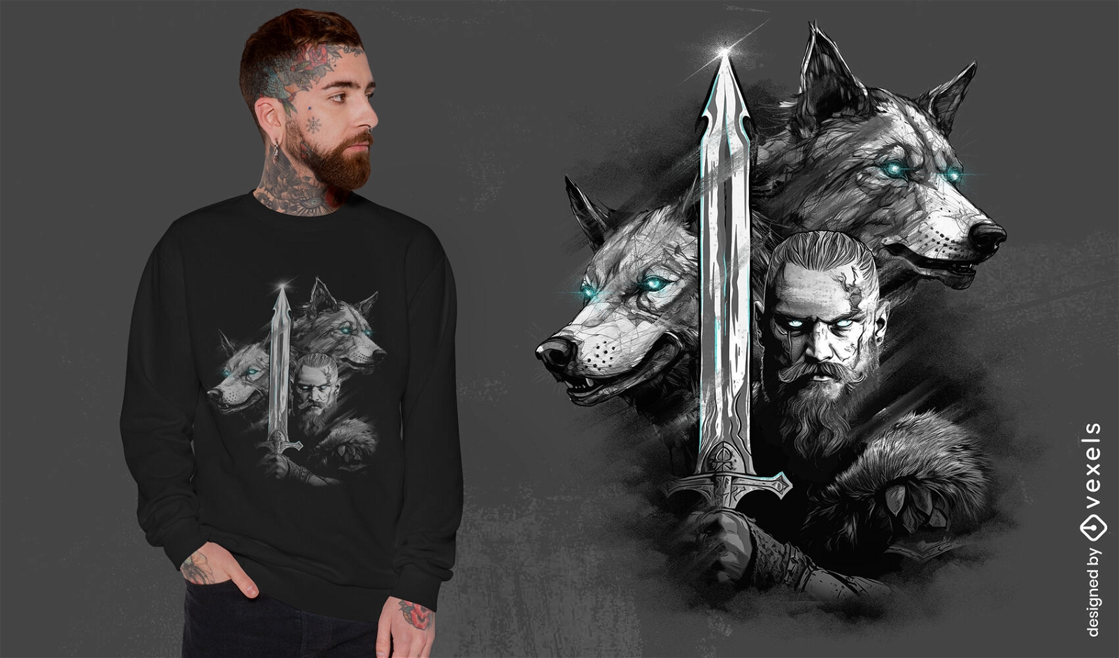 Diseño de camiseta legendario de vikingos y lobos.