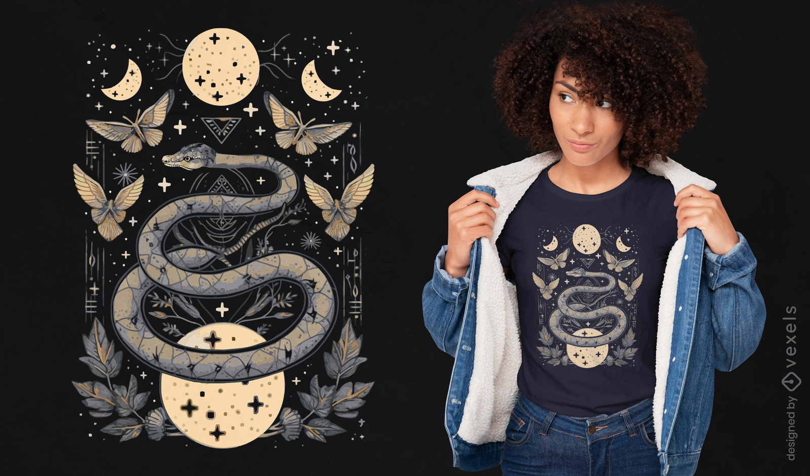 Diseño de camiseta de serpiente celestial y estrellas.