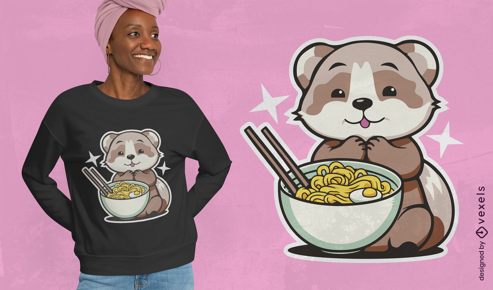 Design de camiseta de furão comendo ramen