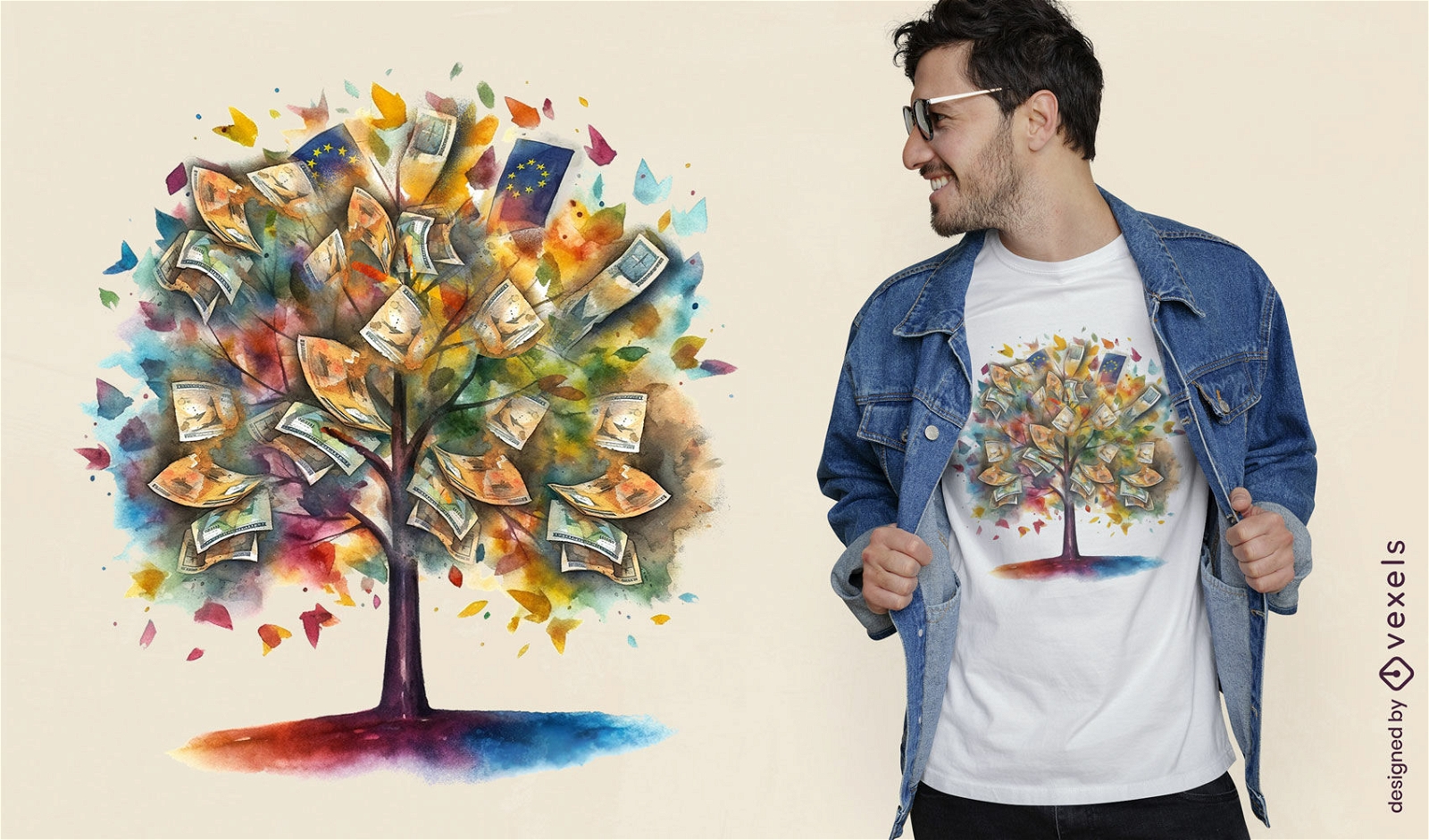 Diseño de camiseta colorida del árbol del dinero.