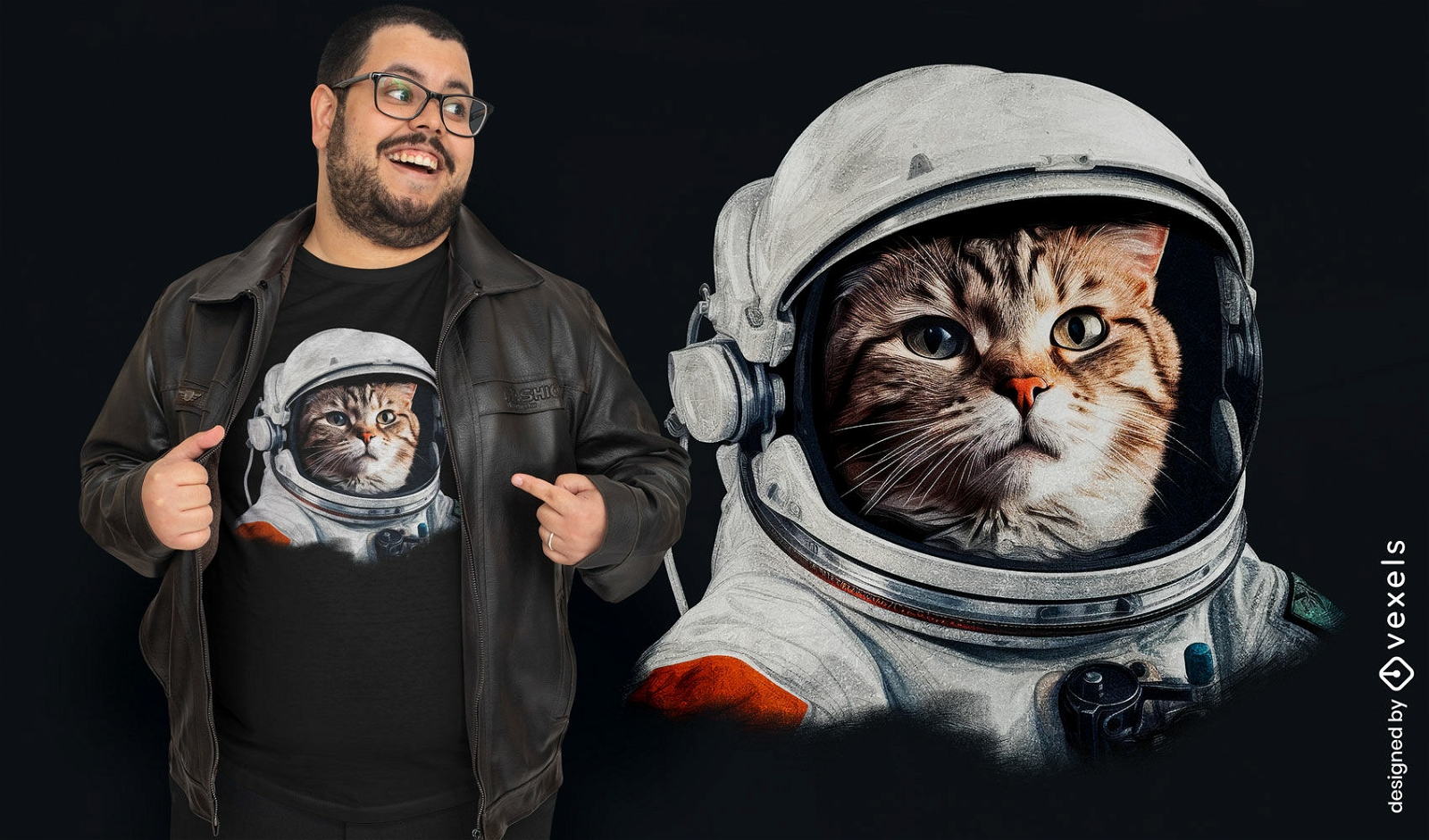 Diseño de camiseta de gato astronauta realista.