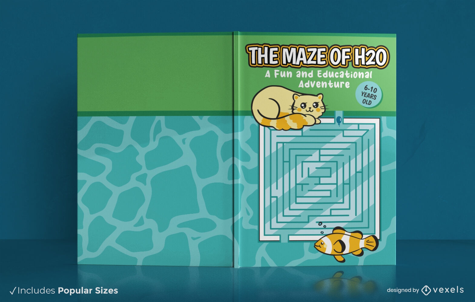 Labirinto com design de capa de livro de gato e peixe