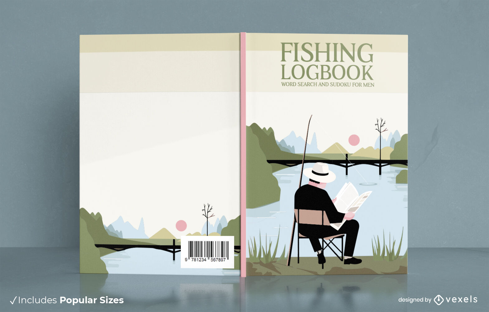 Diseño de portada de libro de hombre pescando en el campo