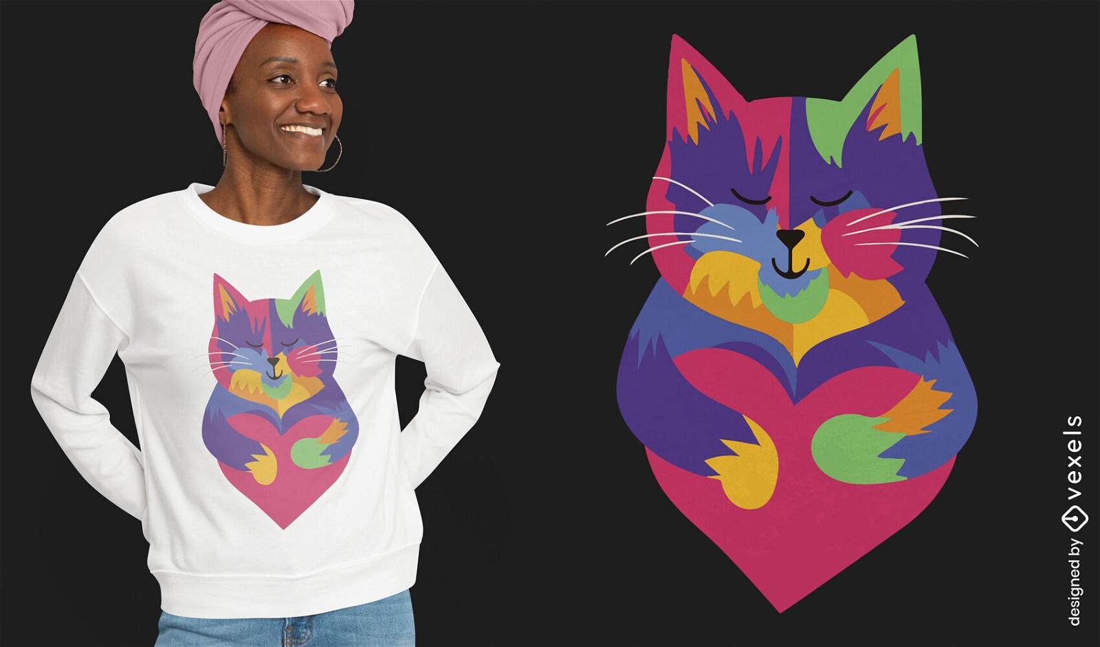 Gato colorido con diseño de camiseta de corazón.