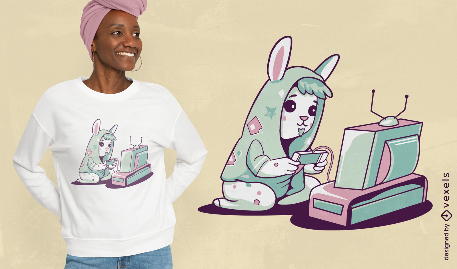 Diseño de camiseta de llama pastel jugando videojuegos.