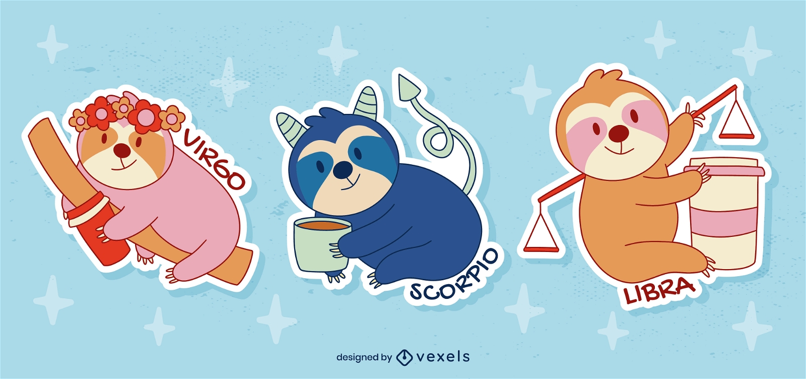 Horoscope stickers sloths with zodiac signs