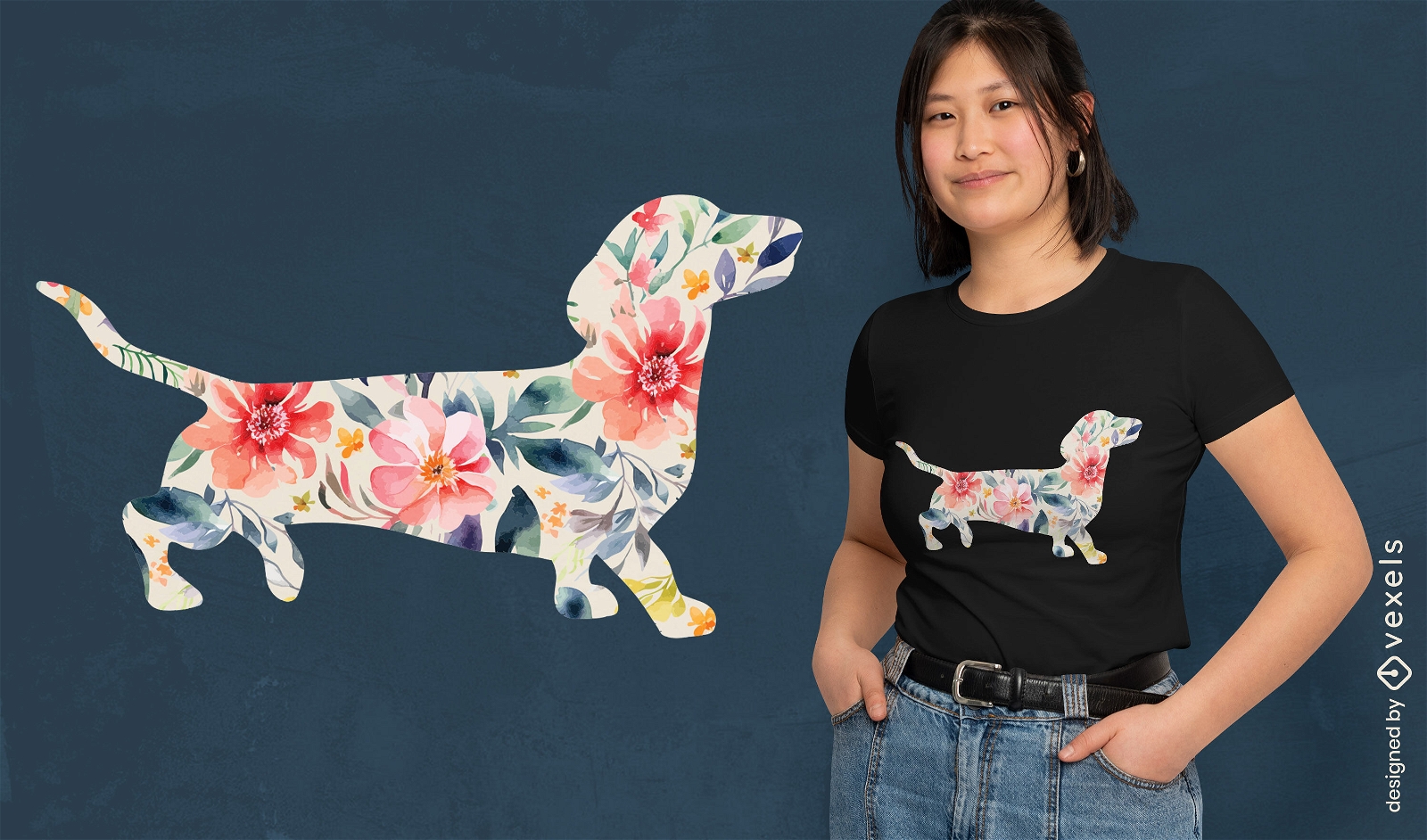Diseño floral de camiseta de perro salchicha