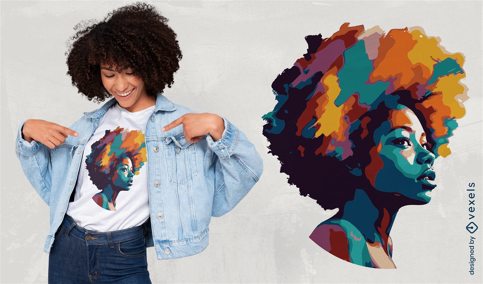 Mujer con colorido diseño de camiseta de pelo afro.