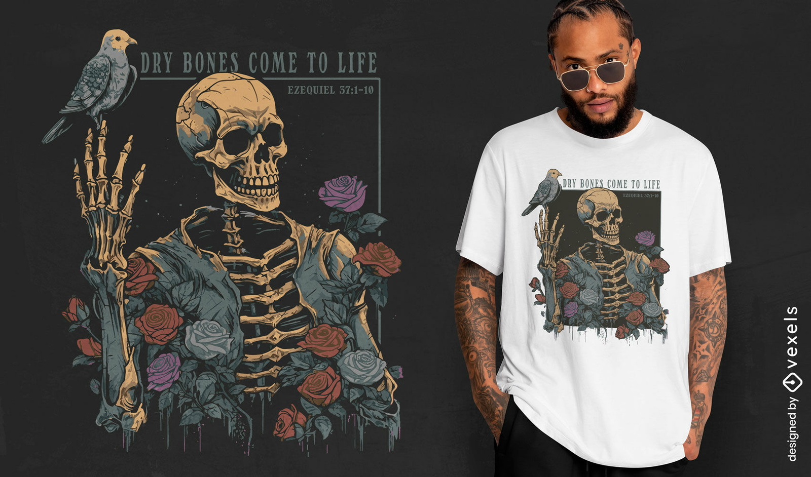 Esqueleto floral com design de camiseta de pássaro