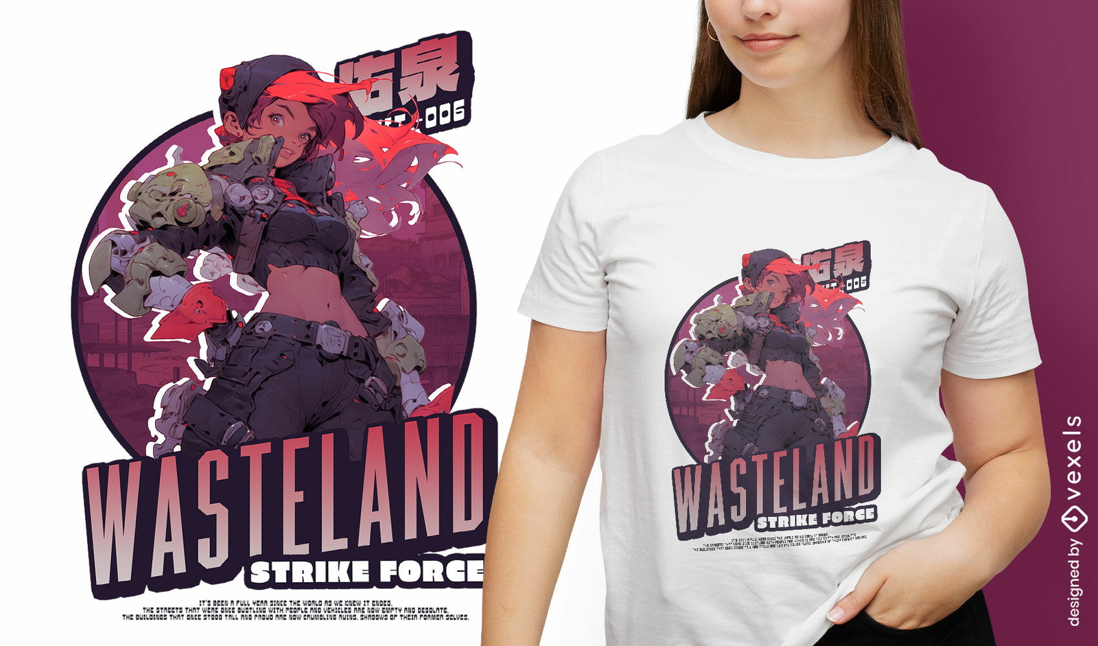 T-shirt de distopia de mulher do exército de anime psd