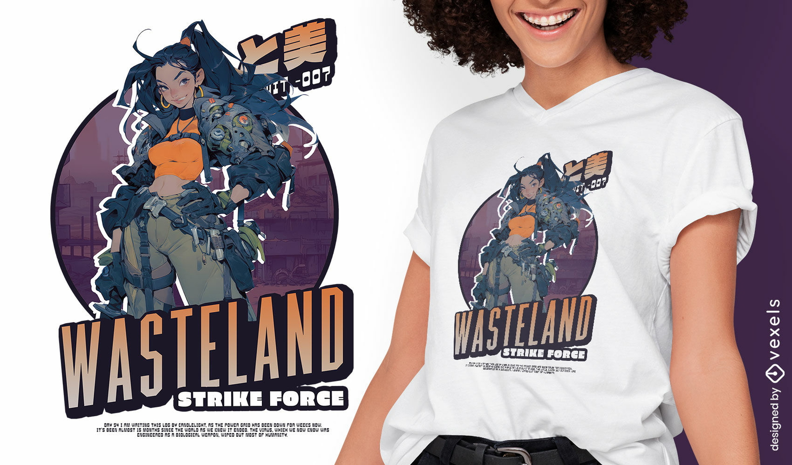 T-shirt legal da distopia da mulher do exército do anime psd