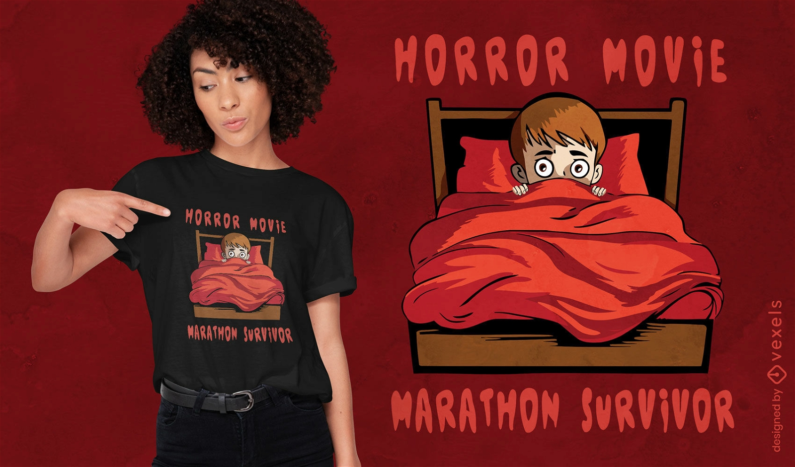 Diseño de camiseta de niño asustado en la cama.