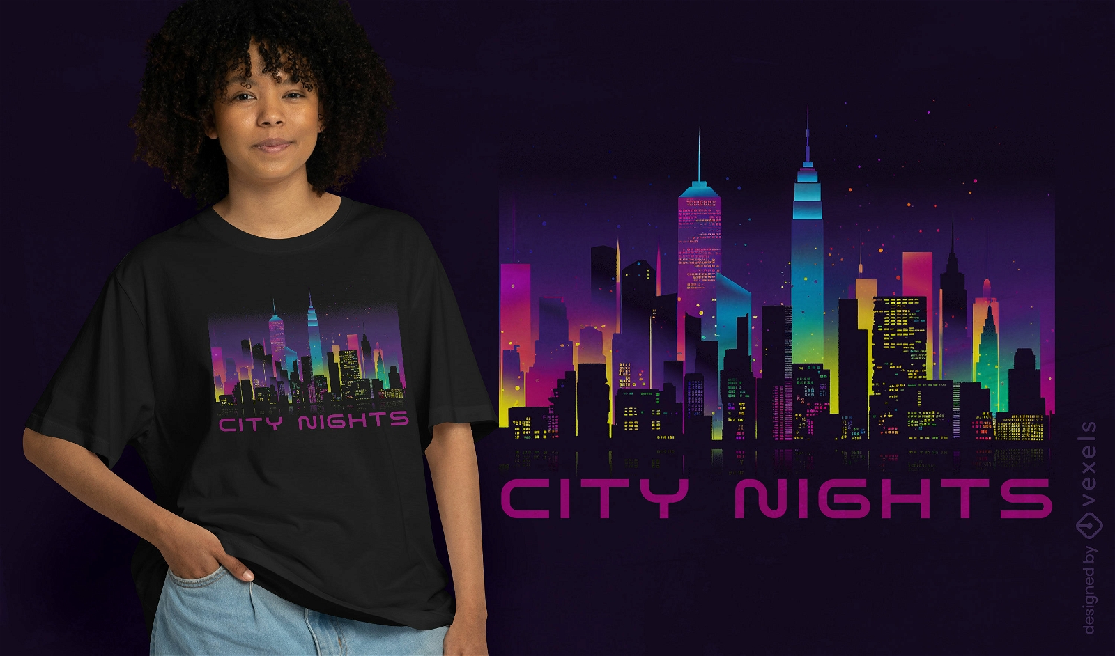 Diseño de camiseta con horizonte de ciudad de neón.