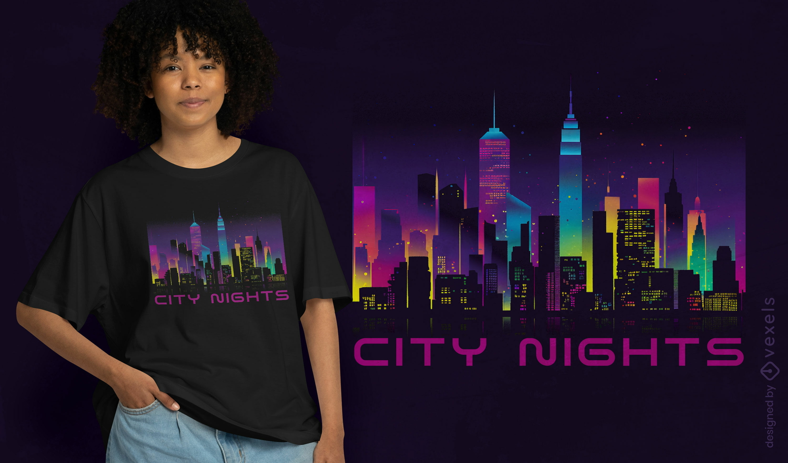 Neon City Skyline T shirt Design PSD Editable Template