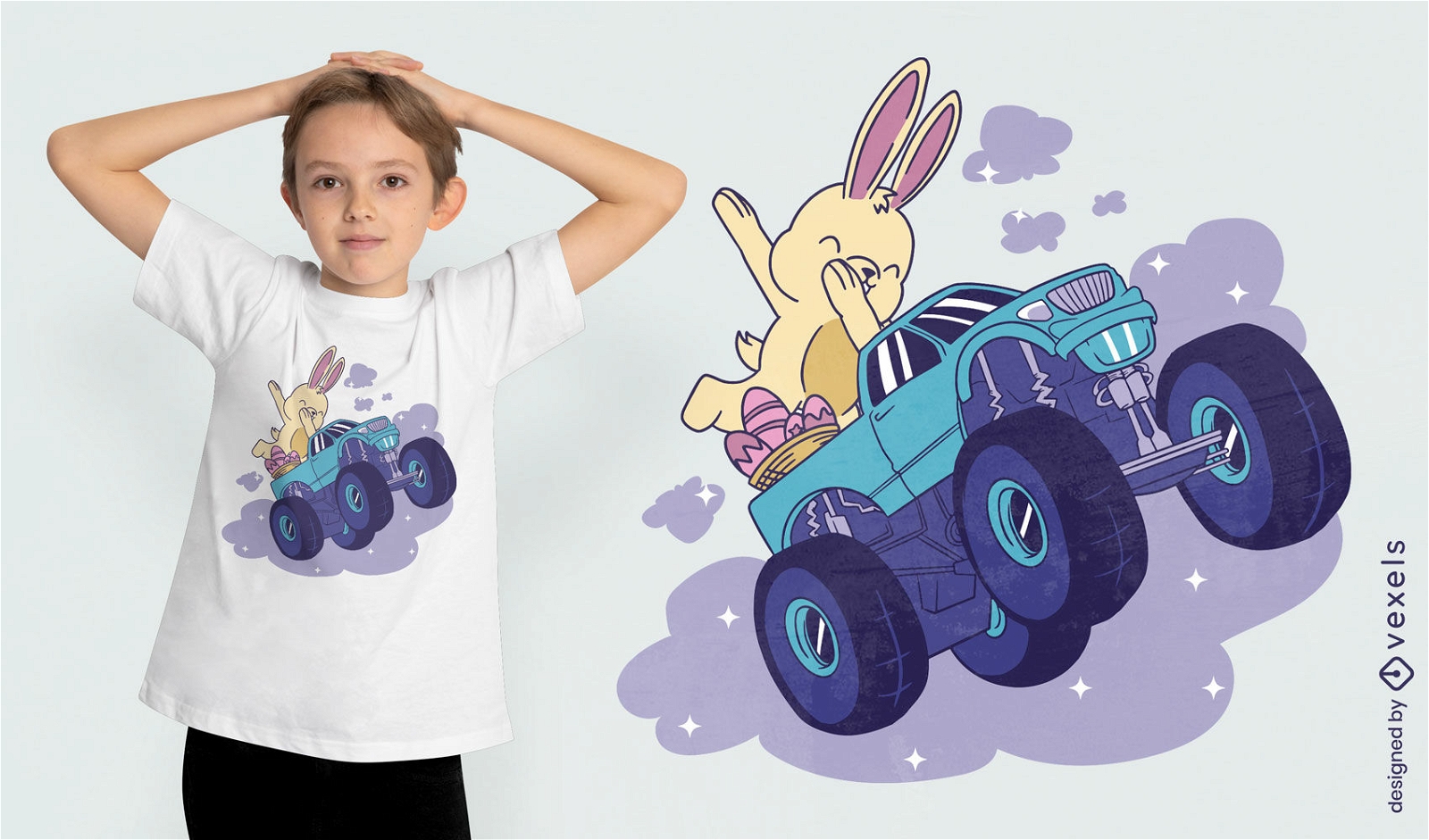 Diseño de camiseta de camión monstruo de conejito de pascua