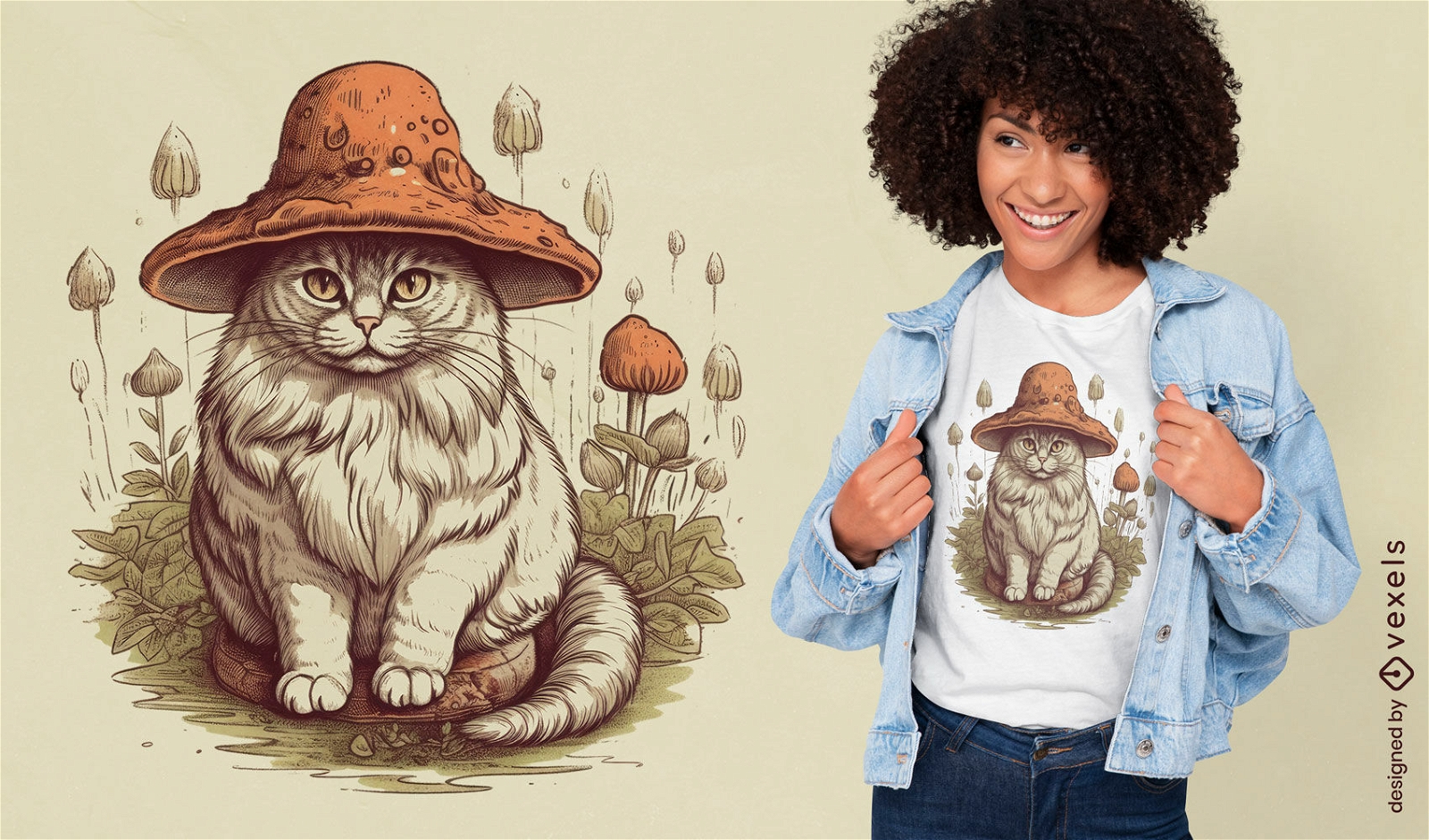 Diseño de camiseta de gato con sombrero de hongo.