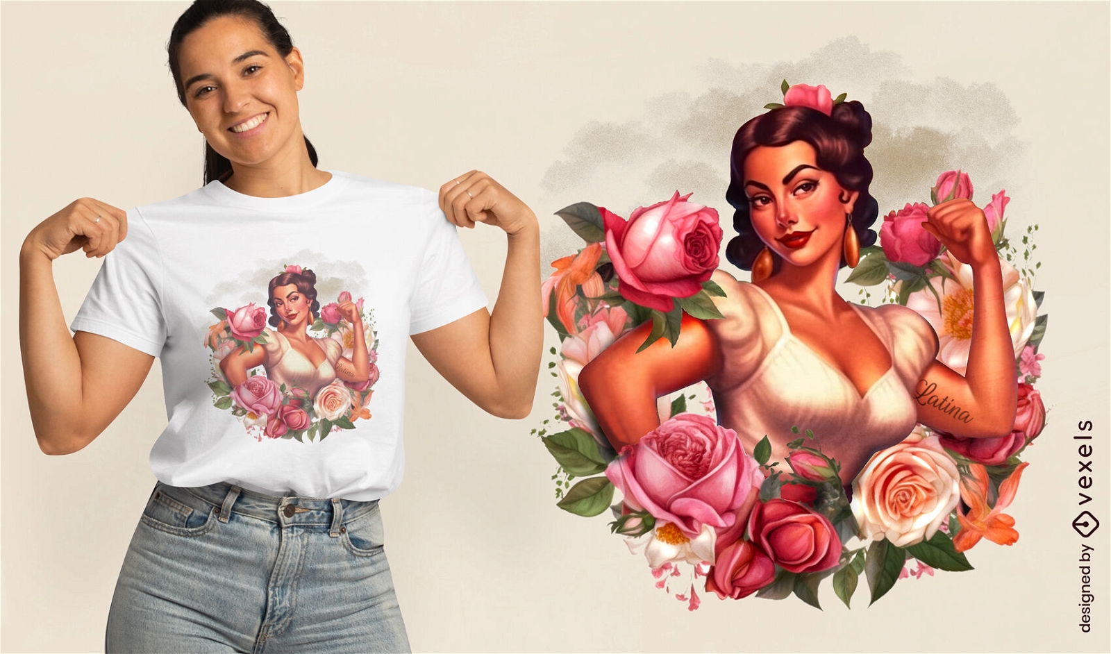 Diseño de camiseta de belleza floral latina.