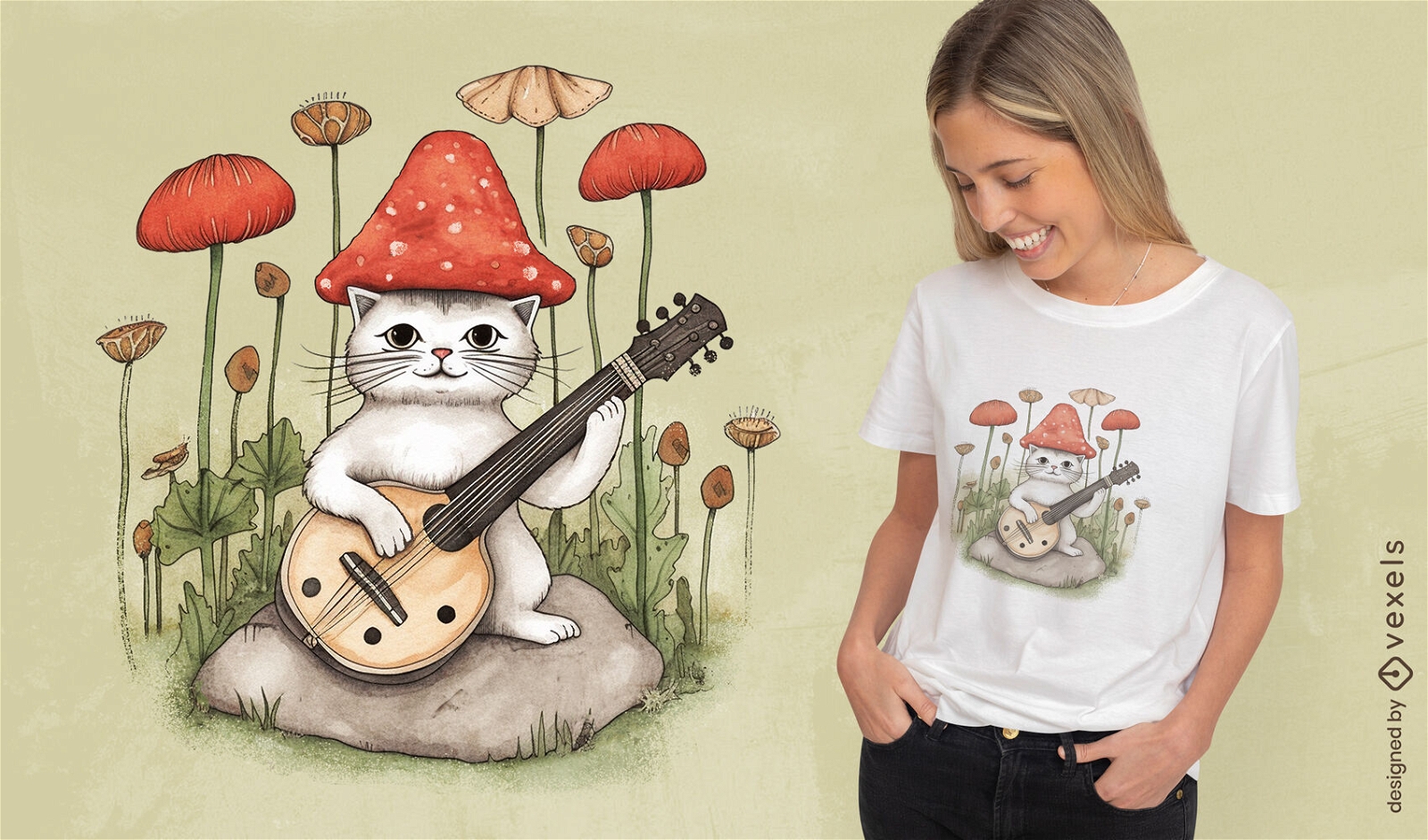 Gato tocando banjo design de camiseta cattagecore