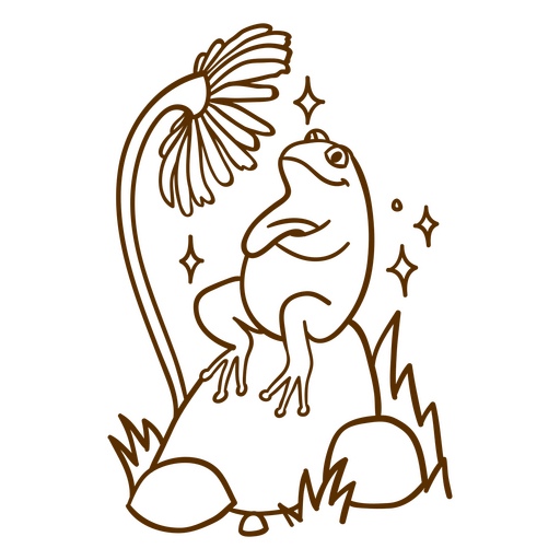 Brown drawing of a frog sitting on a rock PNG Design