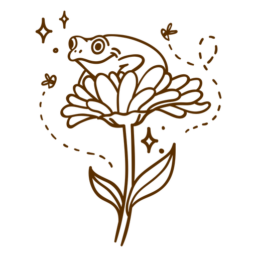 Dibujo marrón de una rana sobre una flor. Diseño PNG