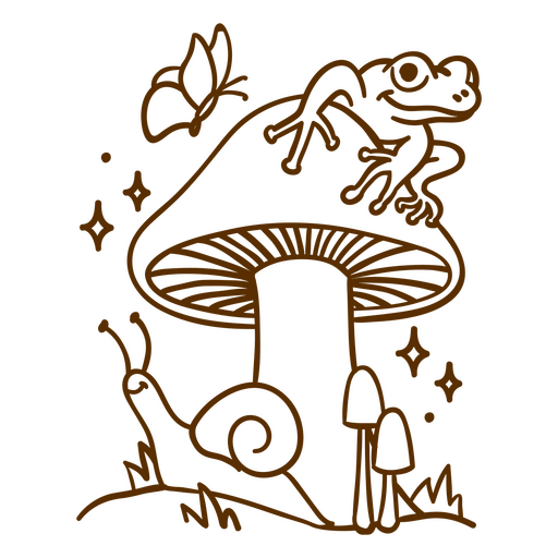 Dibujo marrón de una rana sobre una seta. Diseño PNG