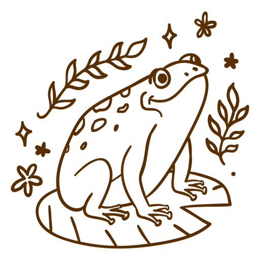 Brown drawing of a frog sitting on a leaf PNG Design