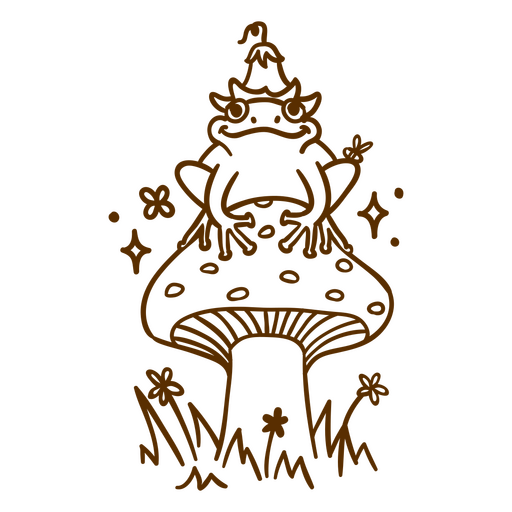 Dibujo marrón de una rana sentada sobre una seta. Diseño PNG
