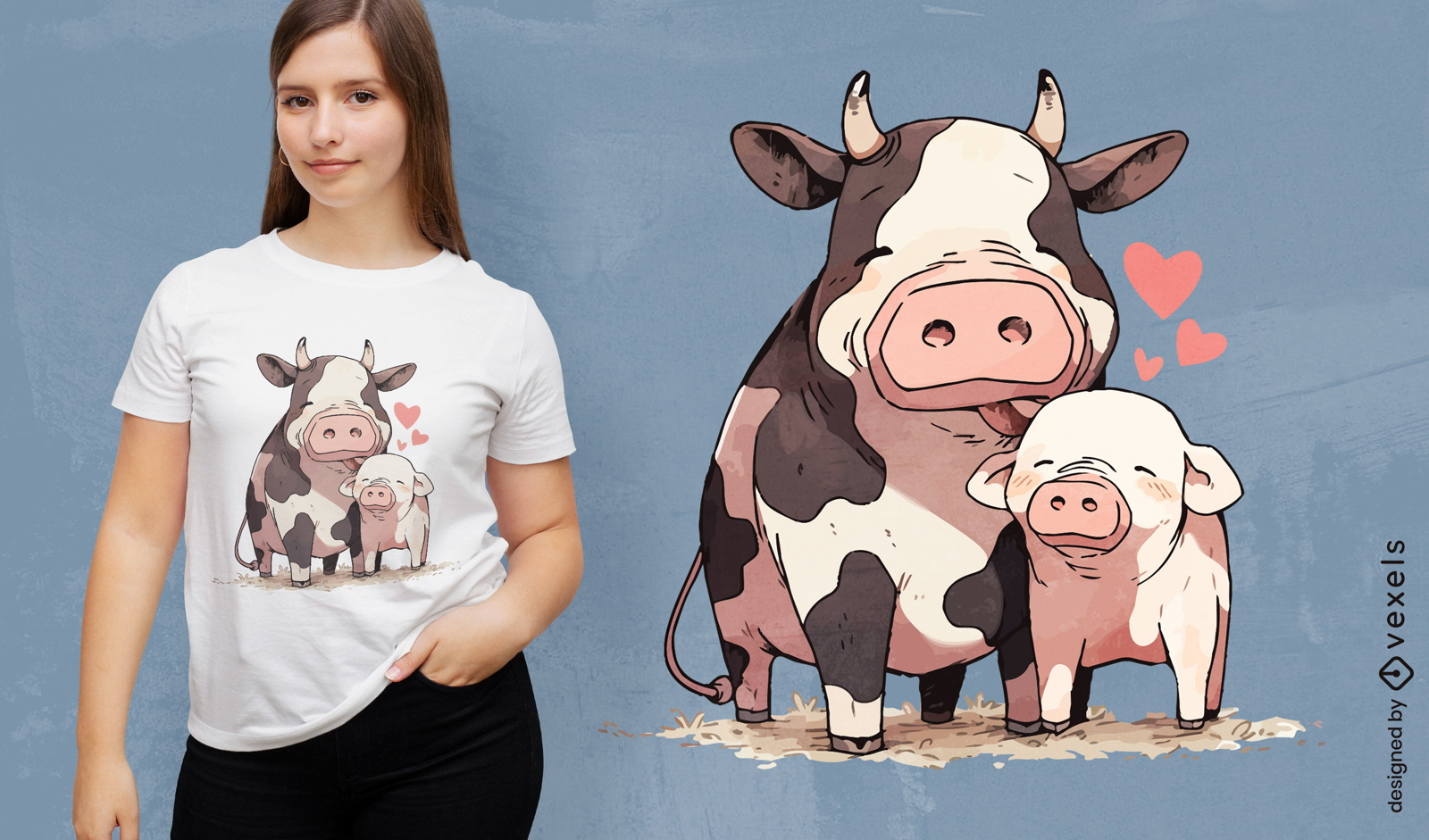 Diseño de camiseta de amor de vaca y cerdo.