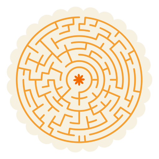 Laberinto circular con una flor de naranja en el medio. Diseño PNG