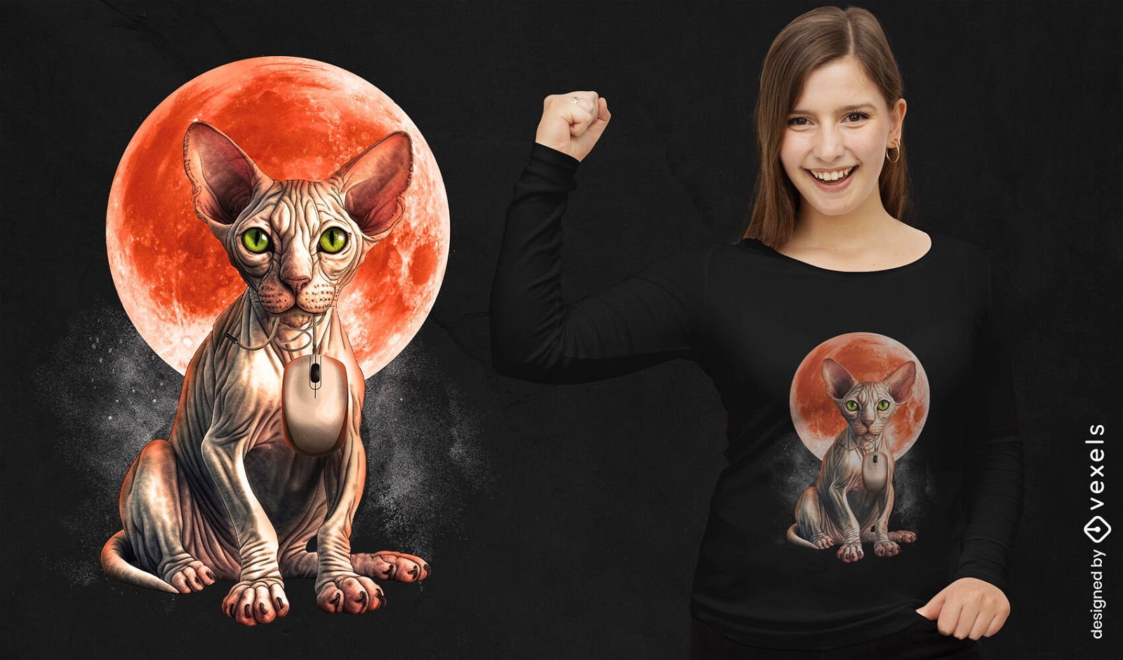 Design de camiseta com lua do gato Sphynx