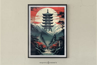 Japanese landscape in red poster design