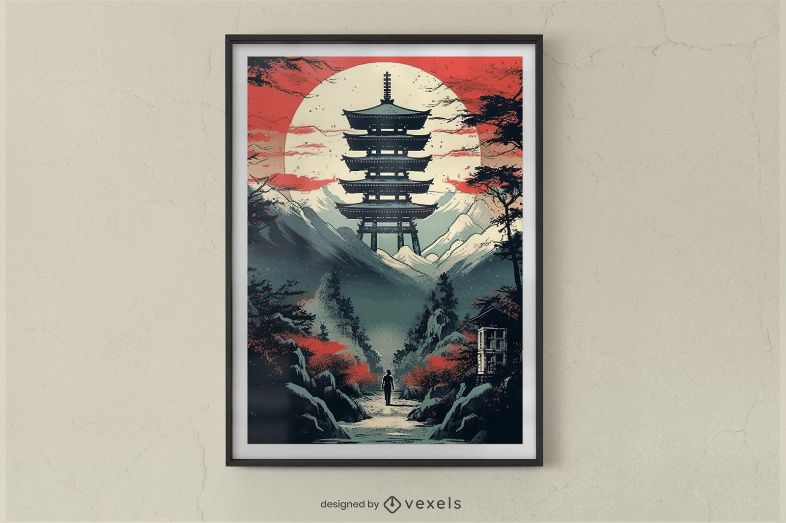 Paisaje japonés en diseño de cartel rojo.