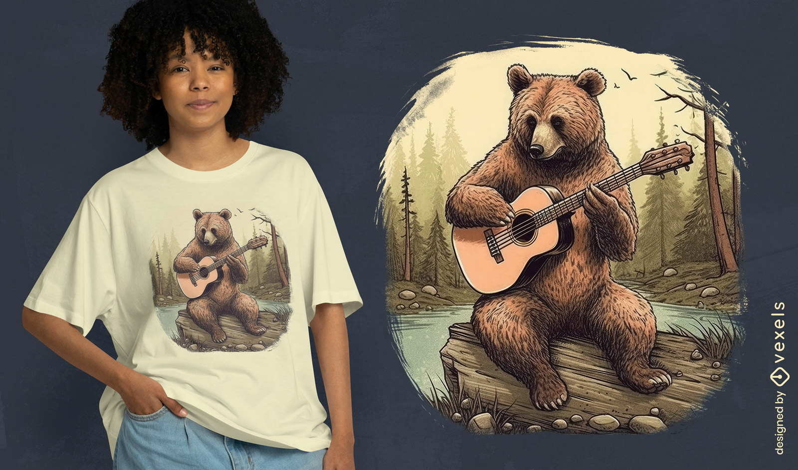 Diseño de camiseta oso guitarrista naturaleza.