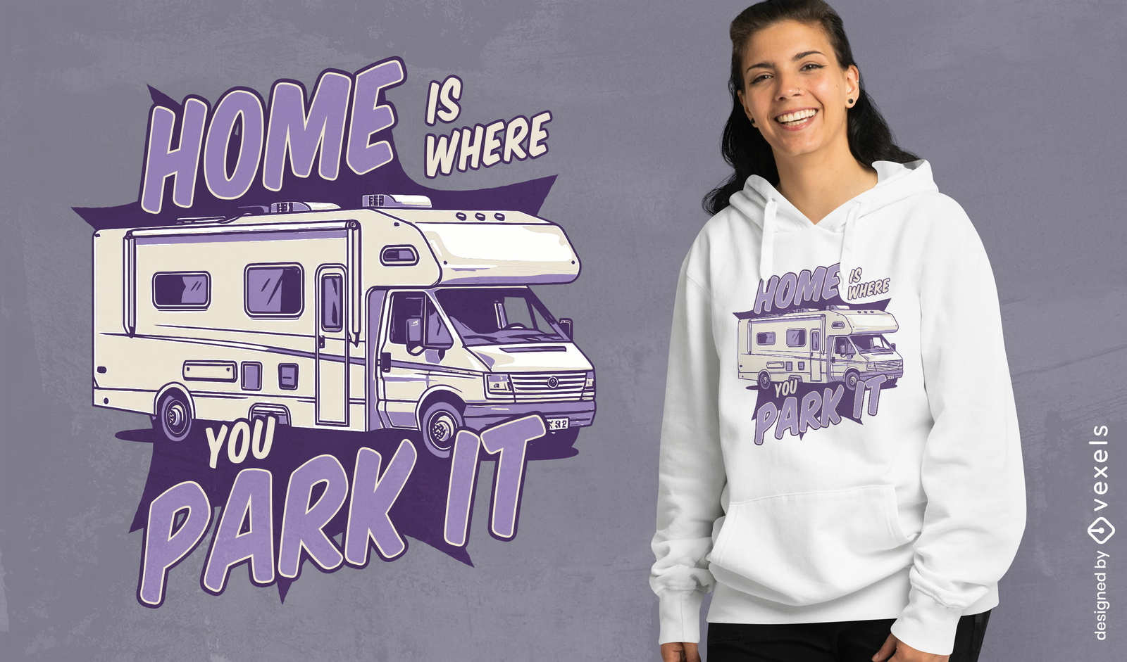 Diseño de camiseta realista de autocaravana morada.