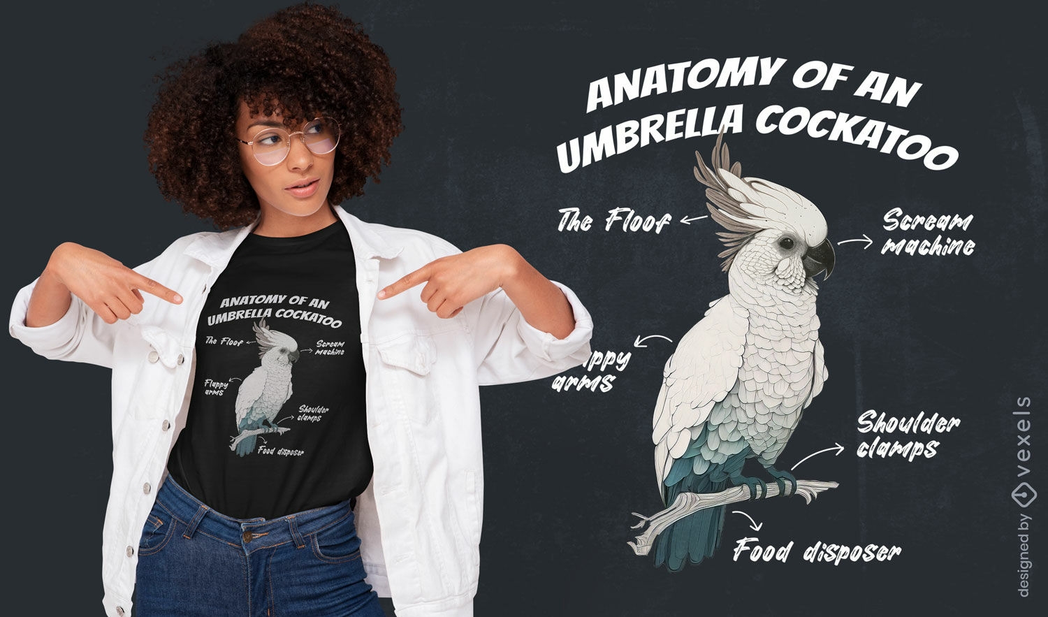 Design de camiseta com anatomia de cacatua guarda-chuva