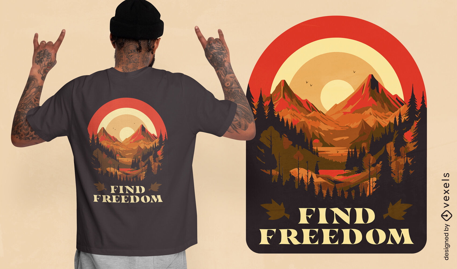 Encontre o design da camiseta do pôr do sol da montanha da liberdade