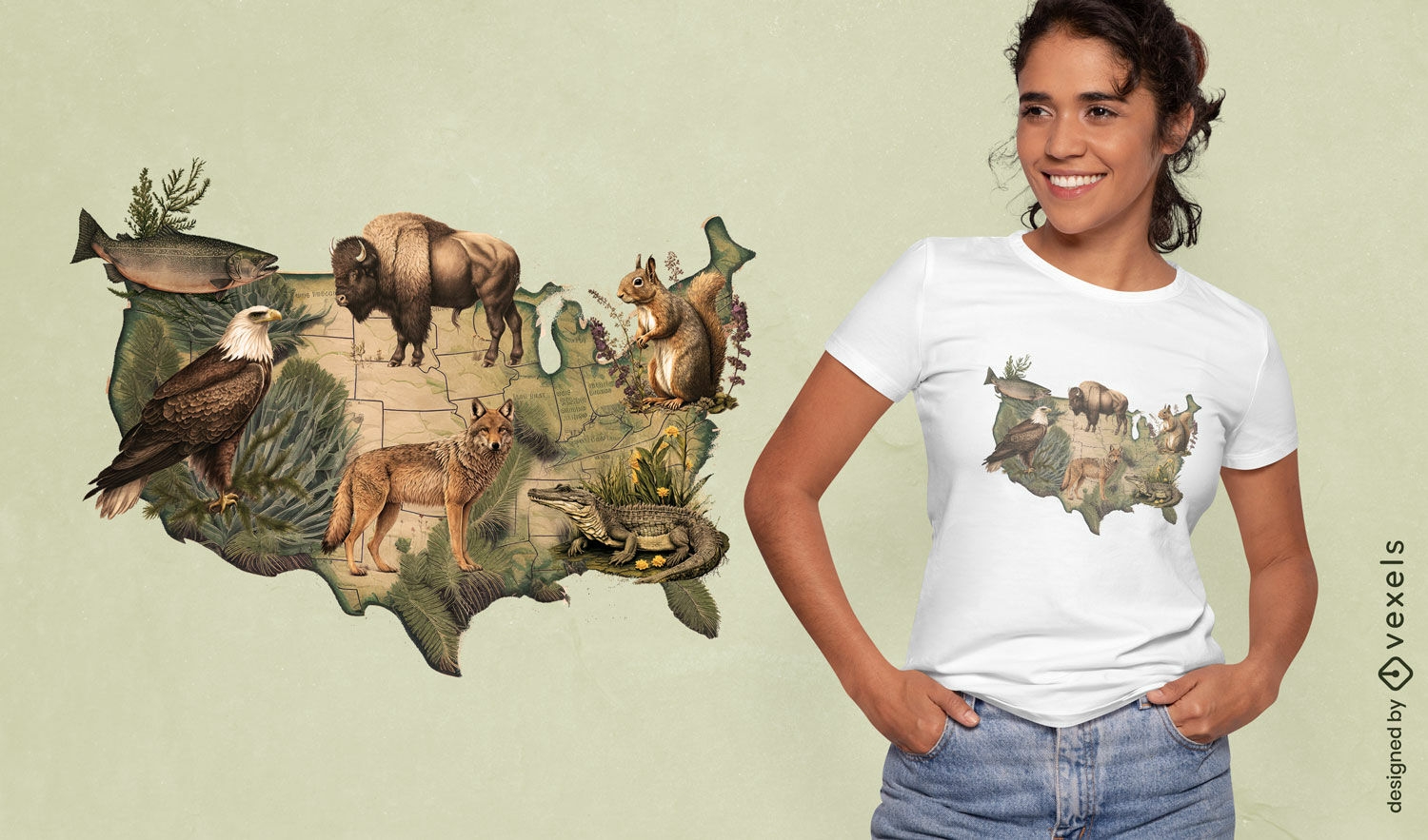 Diseño de camiseta de mapa de vida silvestre estadounidense.