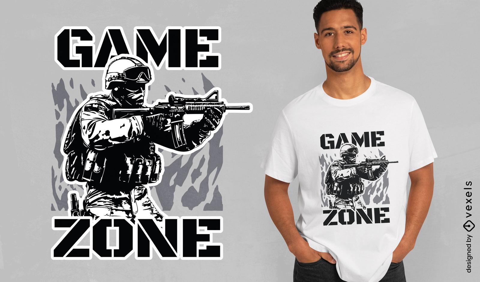 Diseño de camiseta de zona de juego de hombre militar.