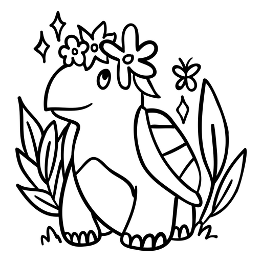 Personagem de tartaruga fofa cercada por design de folhagem Desenho PNG