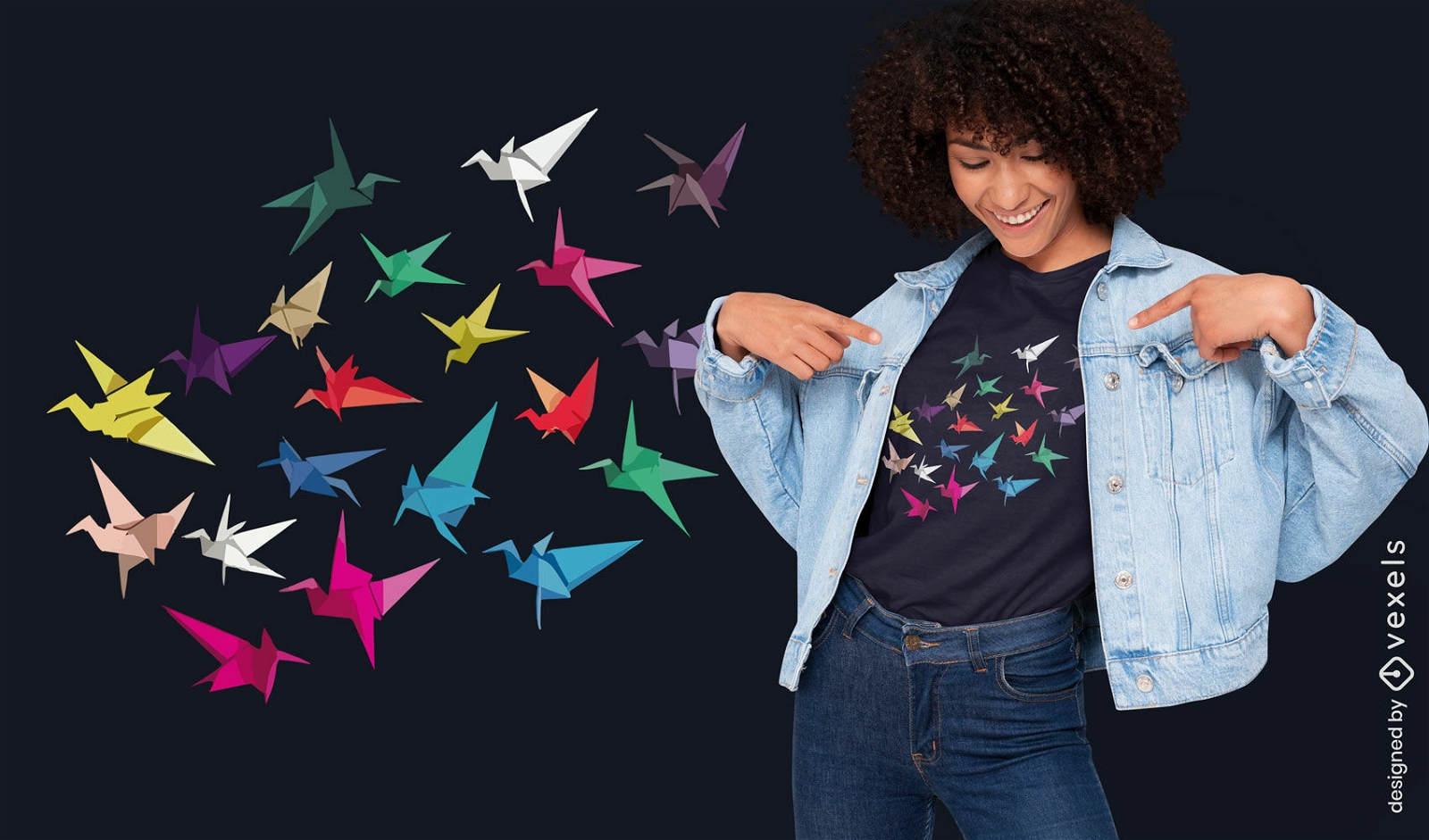 Diseño de camiseta de pájaros coloridos de origami