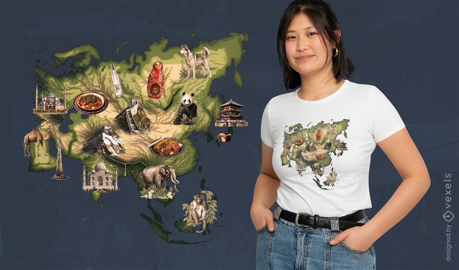 Design de camiseta com mapa de marcos asiáticos