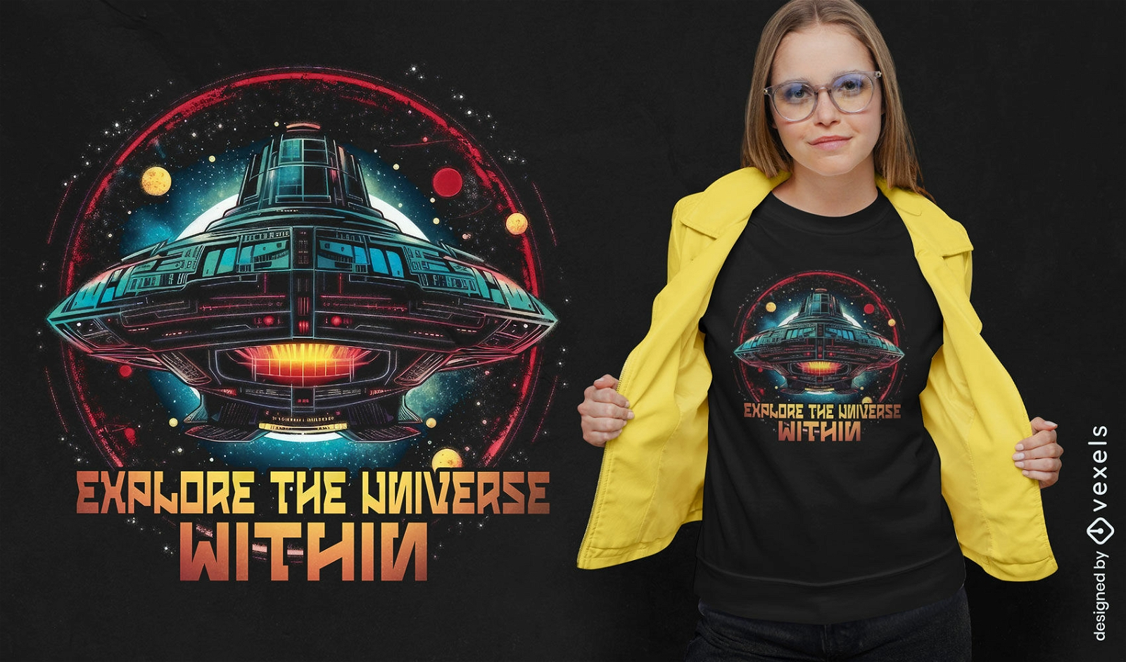 Diseño de camiseta de nave espacial galáctica.