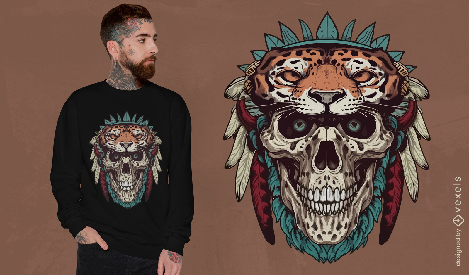 Diseño de camiseta de calavera con tocado de tigre